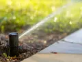 Un irrigatore automatico in azione, parte di un impianto irrigazione frutteto, spruzza acqua su un prato verdeggiante.