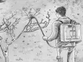 Uomo con zaino irroratore tratta un albero spoglio. Segue il calendario trattamenti carpocapsa per proteggere la coltura.