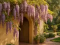 Un arco fiorito di glicine viola accoglie in un giardino incantato. Per godere della sua bellezza, ricorda quando potare il glicine.