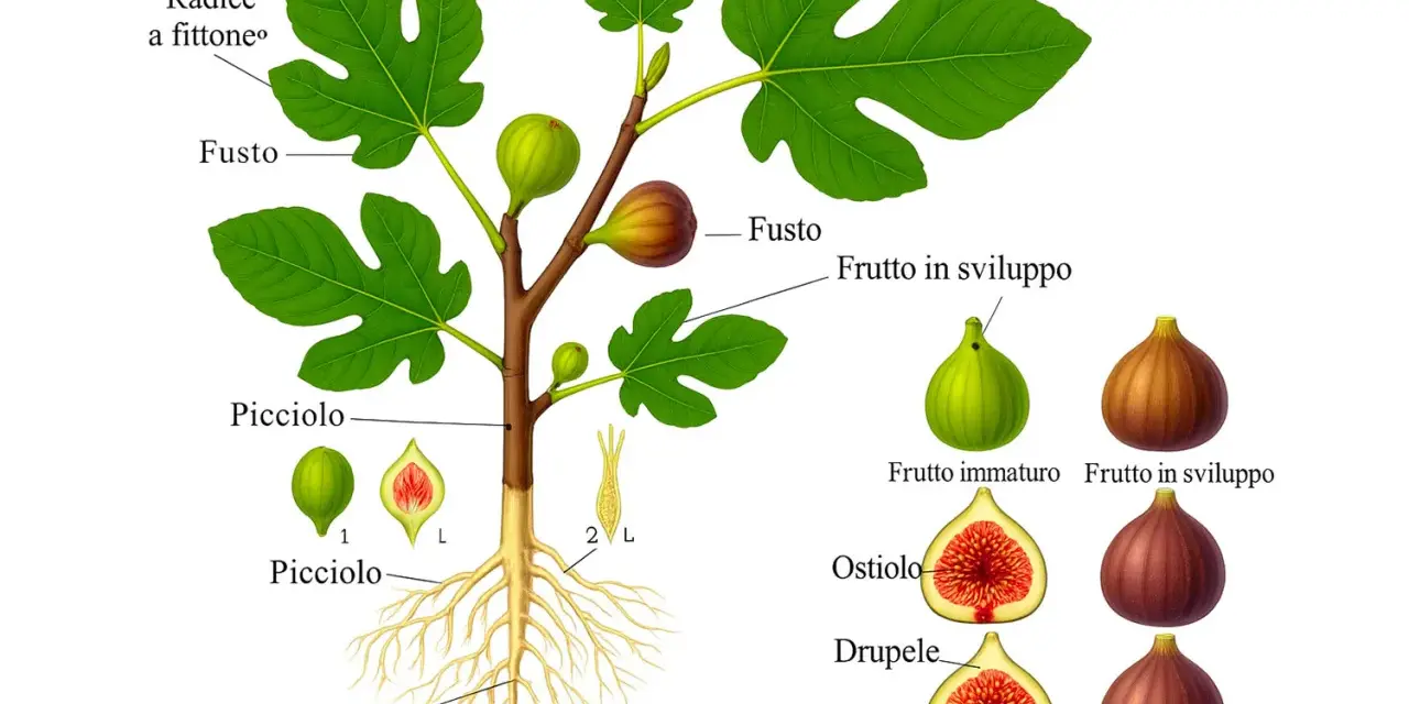 Illustrazione botanica del fico: radici, fusto, foglie e frutti in diverse fasi di sviluppo, con dettagli anatomici.