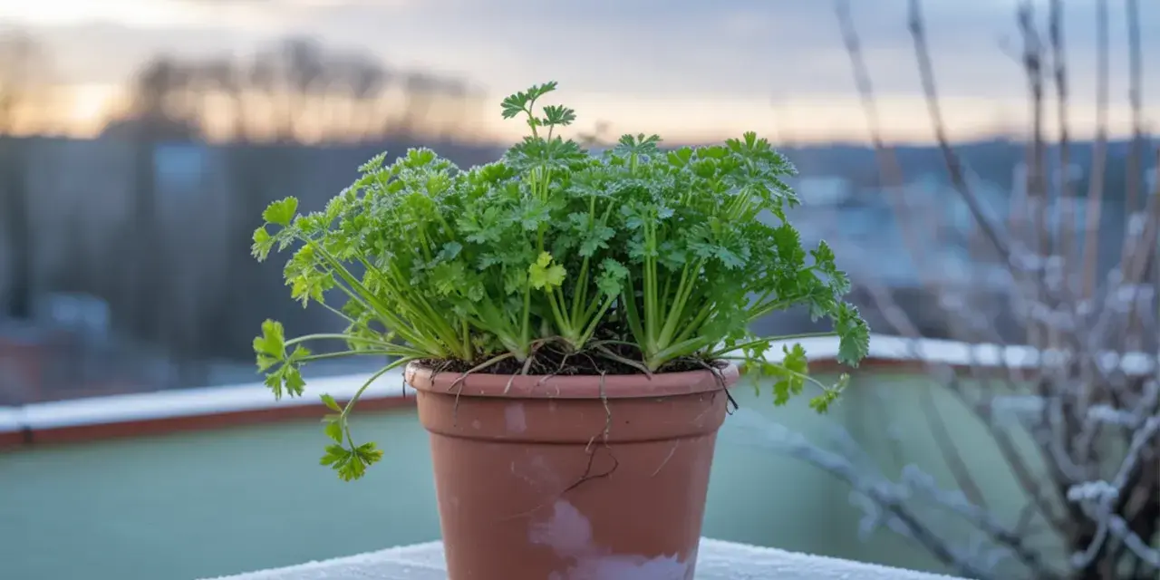 Un vaso di prezzemolo rigoglioso sul balcone, con la brina che decora il davanzale. La semina prezzemolo è un successo anche con il freddo.