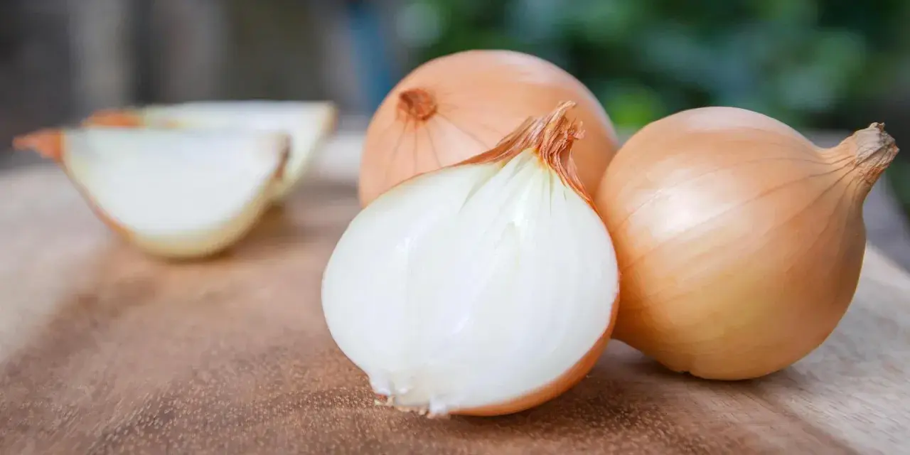 Cipolle dorate pronte per la semina. Una è tagliata a metà, rivelando la sua polpa bianca e succosa.