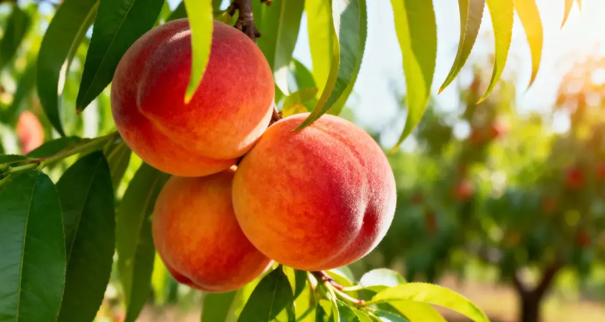 Tre pesche mature e succose pendono da un ramo, pronte per essere raccolte. Il sole illumina le foglie verdi e i frutti, creando un'atmosfera calda e invitante. Questo **pesco in vaso** promette un raccolto delizioso.