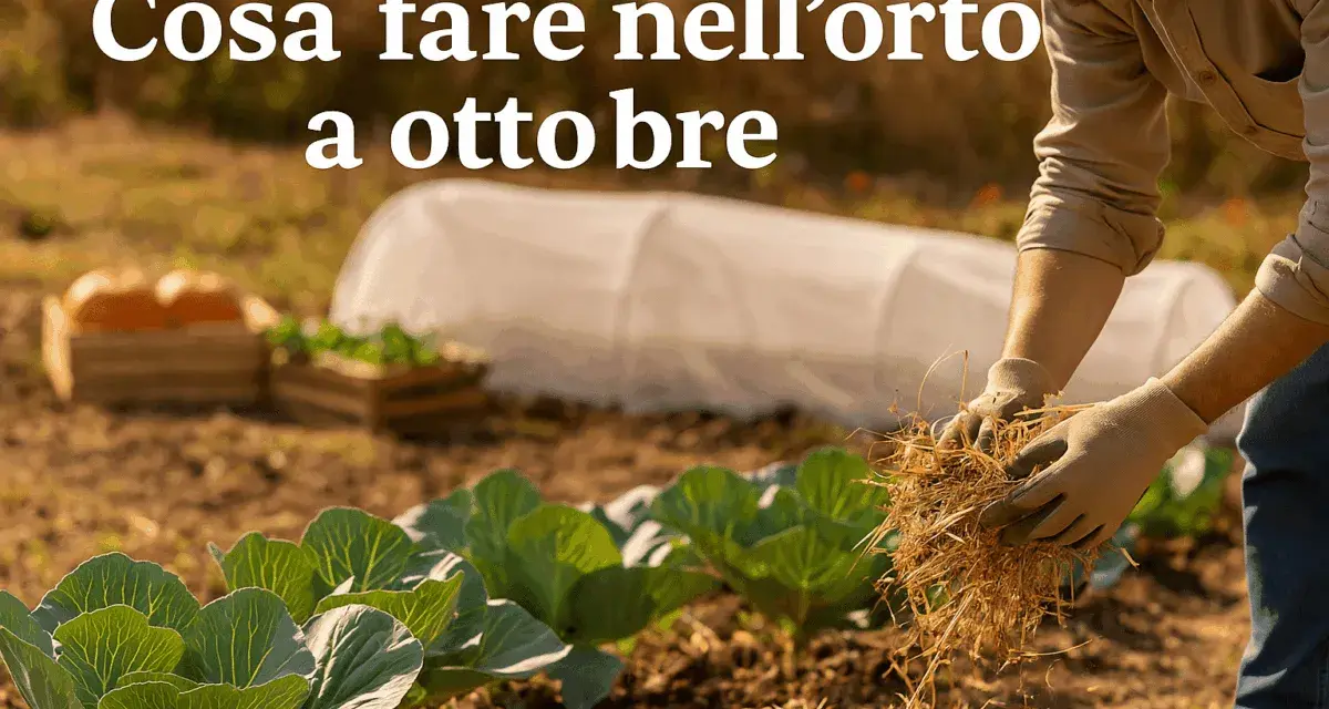 Giardiniere prepara il terreno per cosa piantare a ottobre. Cavoli e zucche in vista, con tunnel protettivo sullo sfondo.