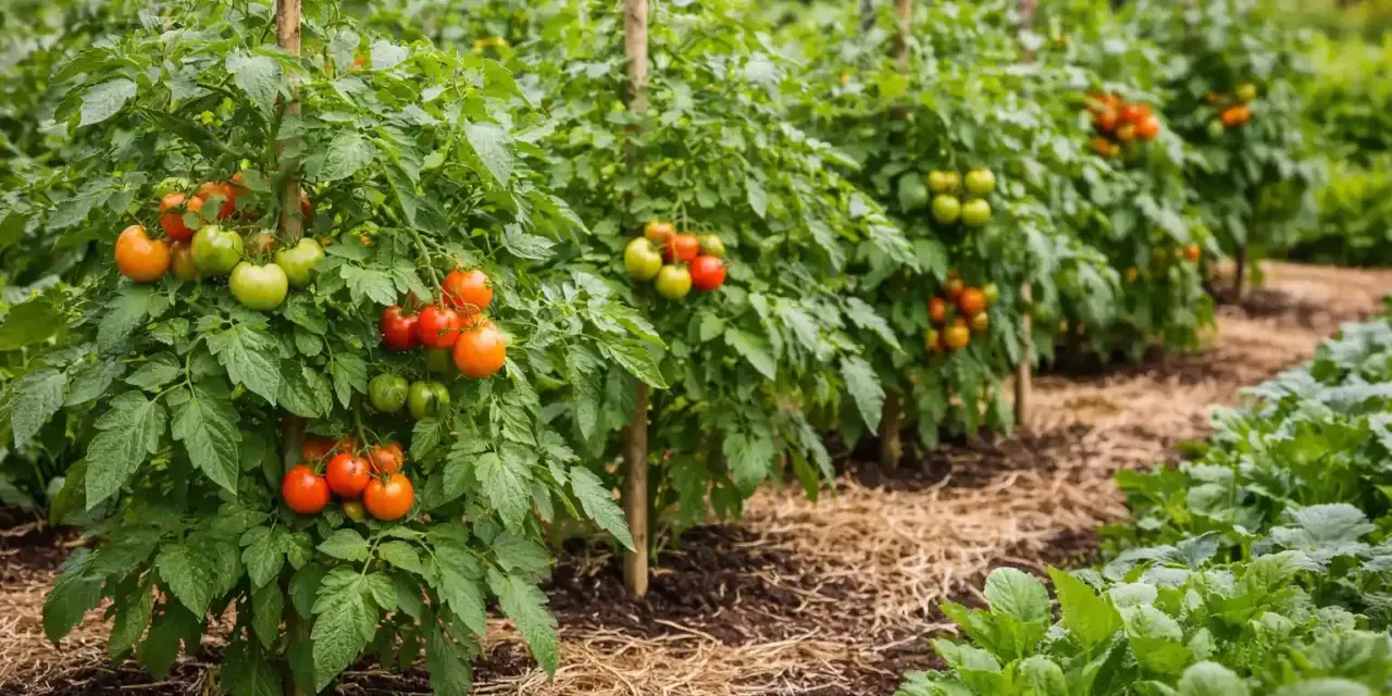 Rows of tomato plants with ripening red and green tomatoes, supported by stakes, in a garden.