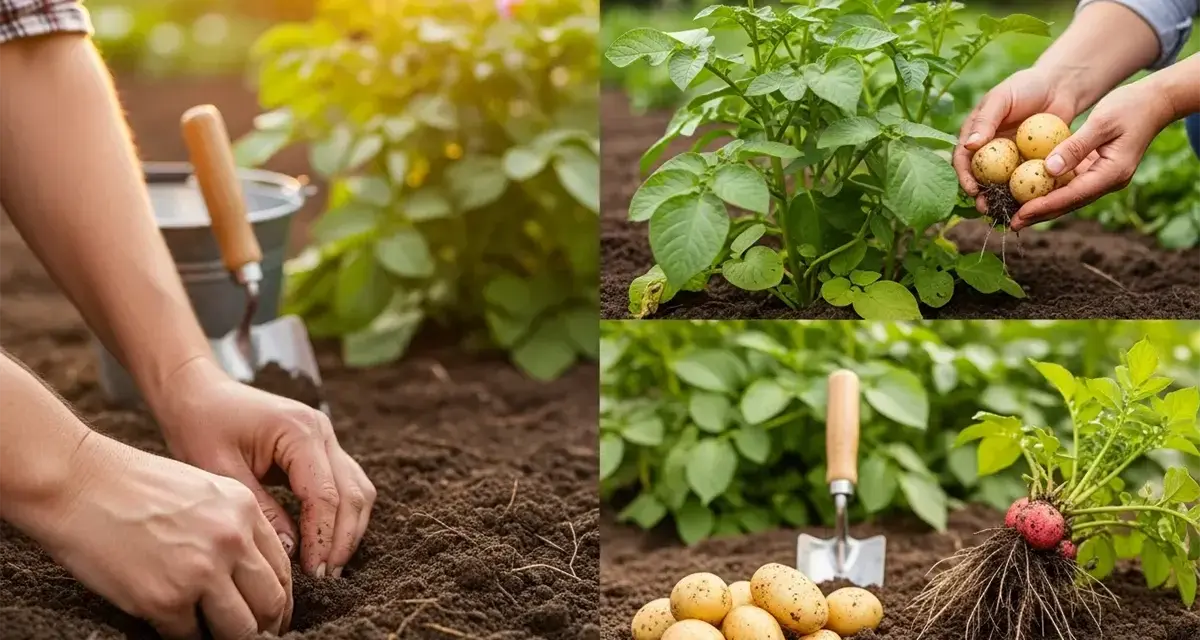 Mani che piantano patate nel terreno fertile. Raccolta di patate fresche con fiori viola. La semina patate è un'arte.