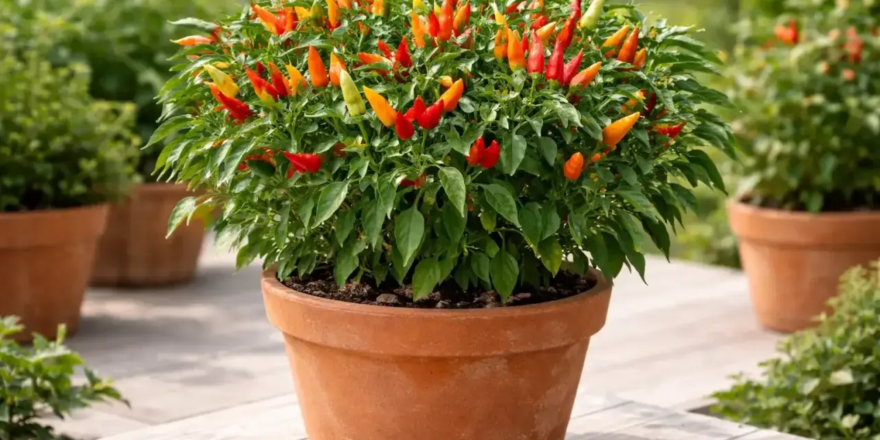 Un cespuglio rigoglioso di peperoncini Capsicum frutescens, con frutti rossi, arancioni e gialli, in un vaso di terracotta su un patio di legno.