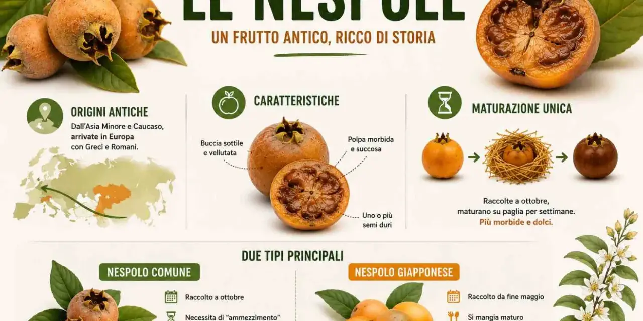 Le **nespole invernali**, frutti antichi con origini in Asia Minore, vengono raccolte a ottobre e maturano su paglia, diventando più morbide e dolci.