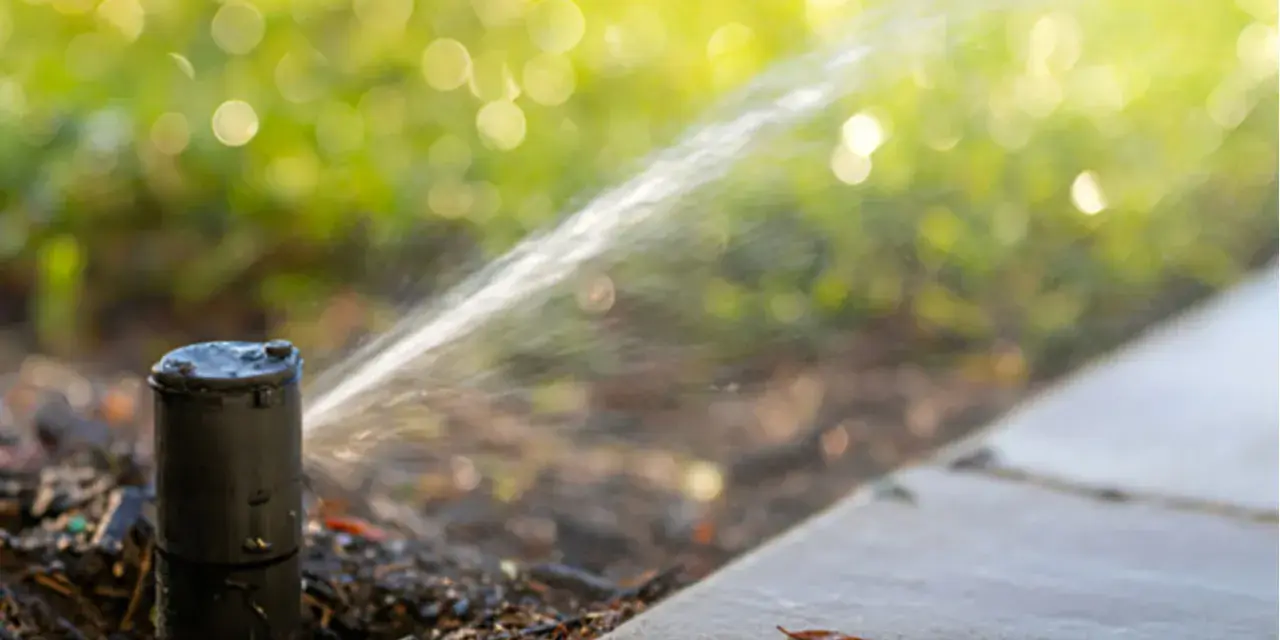 Un irrigatore automatico in azione, parte di un impianto irrigazione frutteto, spruzza acqua su un prato verdeggiante.