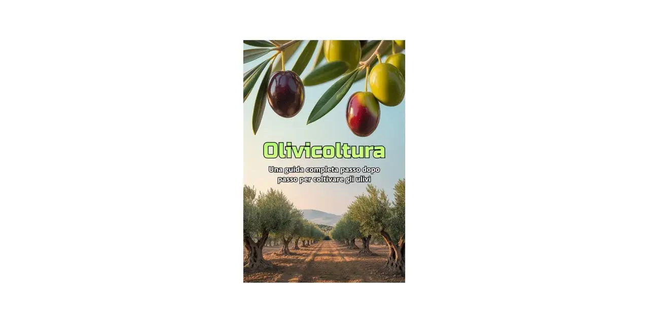 Un uliveto al tramonto, con olive mature sui rami. La copertina di "Olivicoltura" offre una guida completa per preparare la buca per piantare olivo.