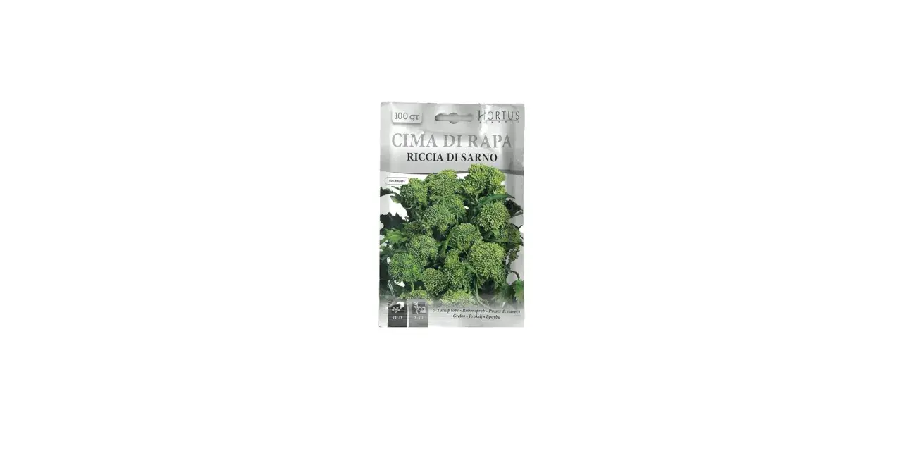 Confezione di semi di Cima di Rapa Riccia di Sarno. Ideale per il periodo di raccolta autunnale.