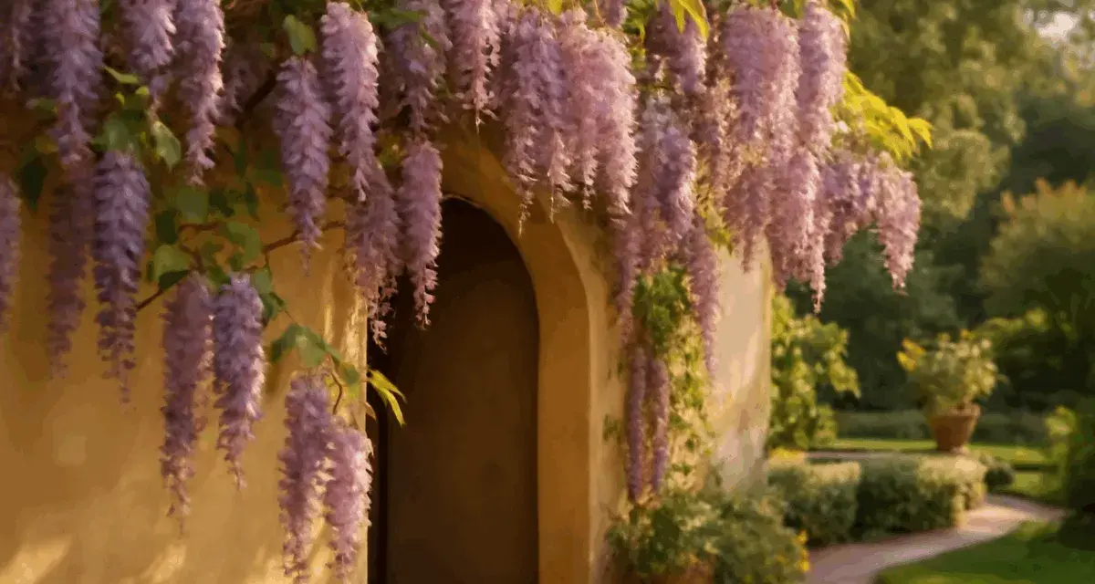 Un arco fiorito di glicine viola accoglie in un giardino incantato. Per godere della sua bellezza, ricorda quando potare il glicine.