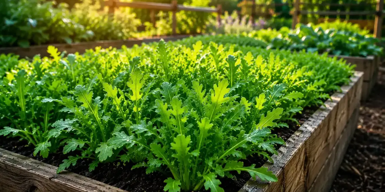 Rucola in vaso, rigogliosa e verde brillante, baciata dal sole del mattino in un orto rialzato.