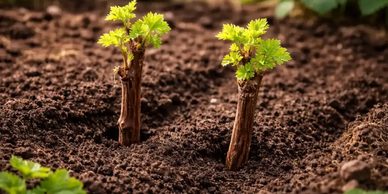 Due talee di vite germogliano nel terreno fertile, pronte per la loro crescita. La tabella periodo talee indica il momento ideale per questo processo.