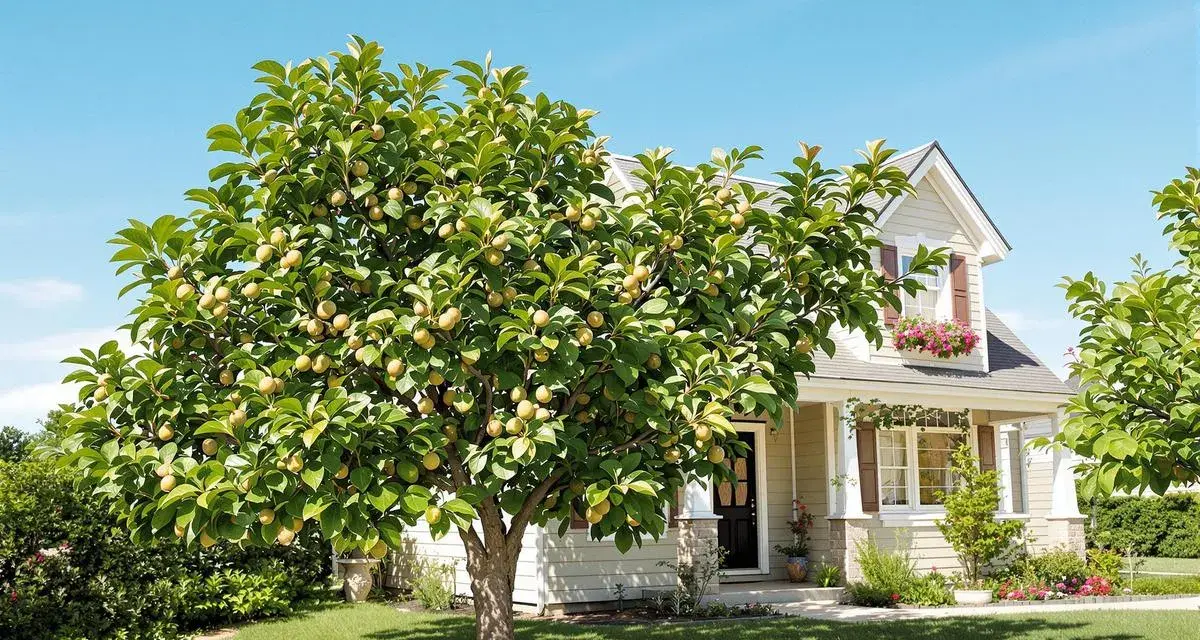 Un rigoglioso albero di fico carico di frutti maturi si erge nel giardino di una casa accogliente, sotto un cielo azzurro e limpido.