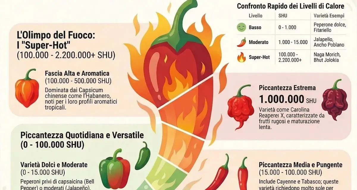 La scala Scoville mostra il peperoncino più piccante in Italia, dal dolce al super-hot, con esempi come il Carolina Reaper.