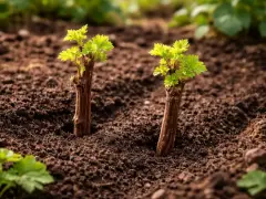 Due talee di vite germogliano nel terreno fertile, pronte per la loro crescita. La tabella periodo talee indica il momento ideale per questo processo.