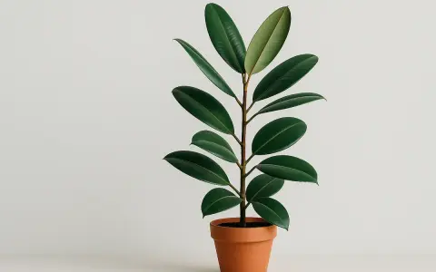 Una **talea fico** in vaso di terracotta, con foglie verdi lucide e carnose, su sfondo chiaro.