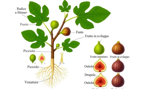 Illustrazione botanica del fico: radici, fusto, foglie e frutti in diverse fasi di sviluppo, con dettagli anatomici.