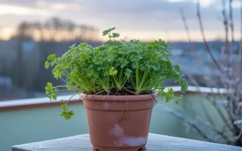 Un vaso di prezzemolo rigoglioso sul balcone, con la brina che decora il davanzale. La semina prezzemolo è un successo anche con il freddo.