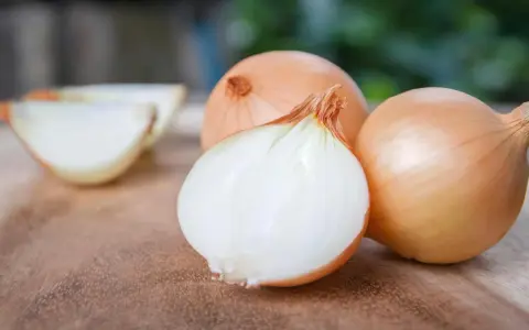 Cipolle dorate pronte per la semina. Una è tagliata a metà, rivelando la sua polpa bianca e succosa.