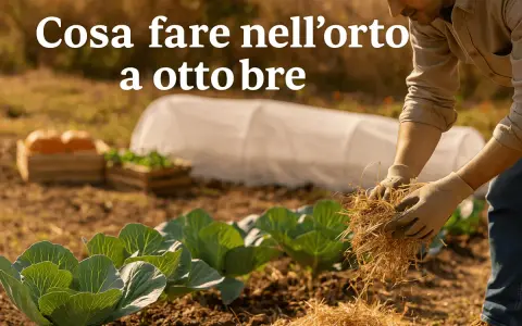 Giardiniere prepara il terreno per cosa piantare a ottobre. Cavoli e zucche in vista, con tunnel protettivo sullo sfondo.