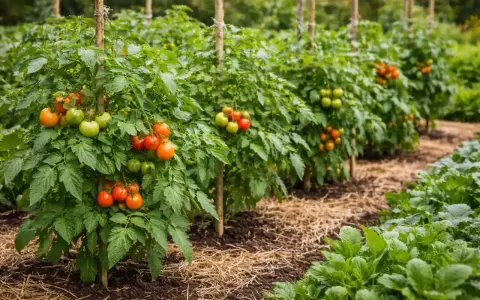Rows of tomato plants with ripening red and green tomatoes, supported by stakes, in a garden.