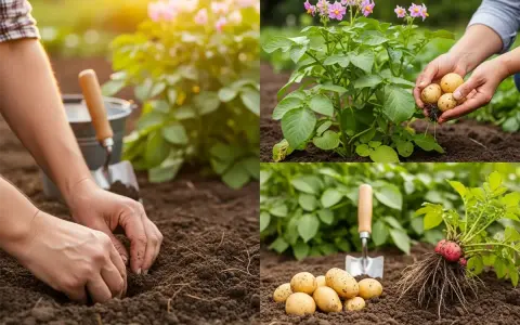 Mani che piantano patate nel terreno fertile. Raccolta di patate fresche con fiori viola. La semina patate è un'arte.