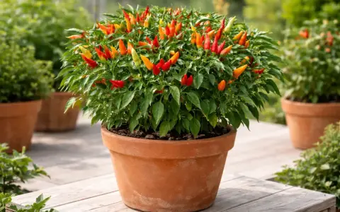 Un cespuglio rigoglioso di peperoncini Capsicum frutescens, con frutti rossi, arancioni e gialli, in un vaso di terracotta su un patio di legno.