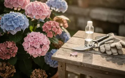 Ortensie rosa e blu in fiore, pronte per essere potate in agosto. Forbici, guanti e flacone sul tavolo di legno.