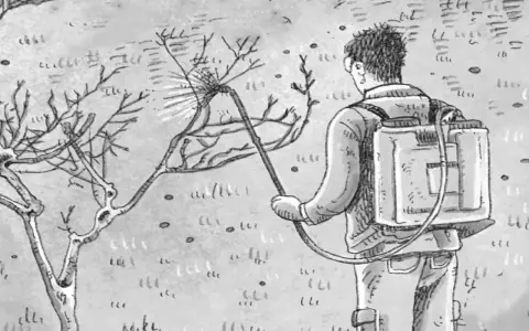 Uomo con zaino irroratore tratta un albero spoglio. Segue il calendario trattamenti carpocapsa per proteggere la coltura.