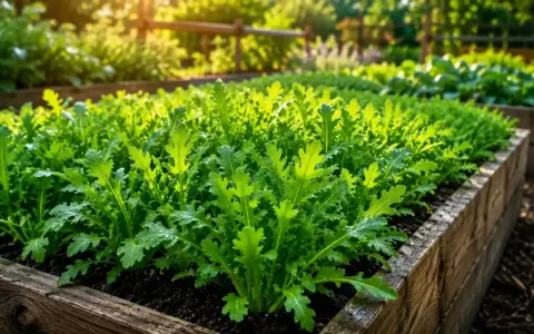 Un letto rialzato pieno di rucola verde brillante, un segno che è il momento perfetto quando si semina la rucola per un raccolto abbondante.