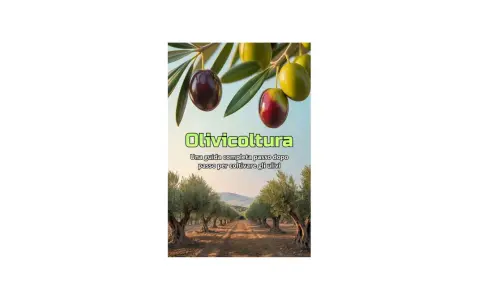 Un uliveto al tramonto, con olive mature sui rami. La copertina di "Olivicoltura" offre una guida completa per preparare la buca per piantare olivo.