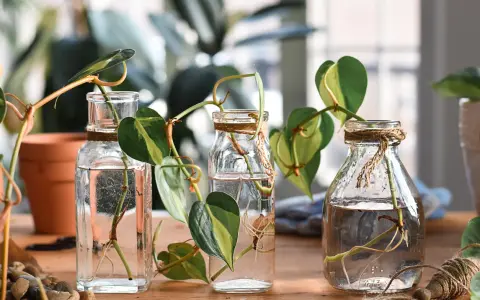 Trecce di piante in bottiglie di vetro, pronte per la riproduzione per talea. Radici che spuntano dall'acqua, un nuovo inizio.