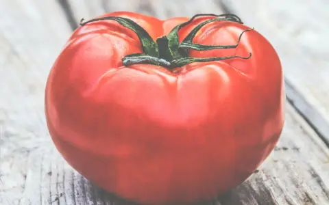 Un pomodoro rosso brillante, quasi gigante, riposa su un tavolo di legno grezzo.