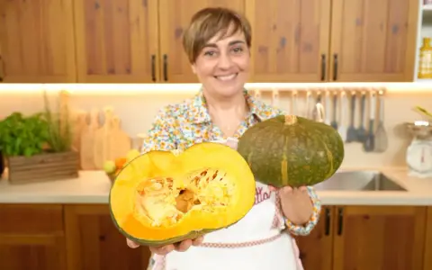 Donna sorridente mostra due tipi di zucche: una intera verde e una tagliata a metà, rivelando la polpa arancione.