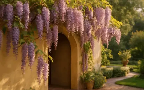 Un arco fiorito di glicine viola accoglie in un giardino incantato. Per godere della sua bellezza, ricorda quando potare il glicine.