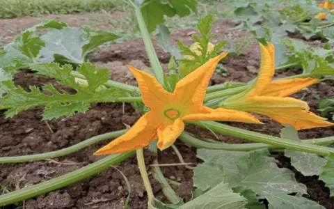 Fiori di zucca arancioni brillanti sbocciano su una pianta rigogliosa, promettendo un raccolto gustoso.