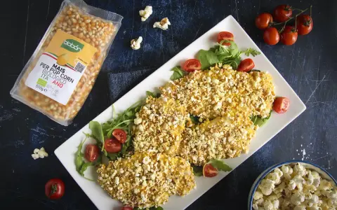 Petto di pollo impanato con **pannocchia pop corn**, servito su un letto di rucola e pomodorini. Accanto, una busta di mais per pop corn e una ciotola di pop corn.