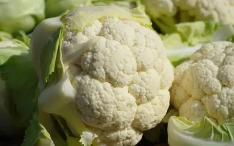 Un primo piano di un cavolfiore bianco e fresco, con le sue cimette dettagliate e le foglie verdi che lo circondano.