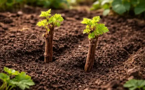 Due talee di vite germogliano nel terreno fertile, pronte per la loro crescita. La tabella periodo talee indica il momento ideale per questo processo.
