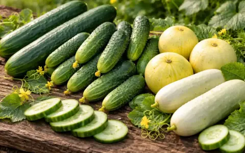 Cetrioli verdi, bianchi e gialli, freschi raccolti, annunciano la **stagione dei cetrioli**.