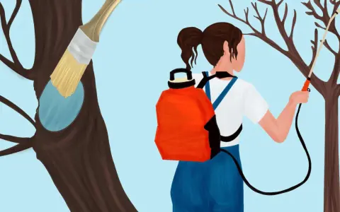 Donna con zaino irroratore disinfetta attrezzi potatura e un taglio su un albero.