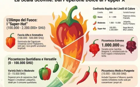 La scala Scoville mostra il peperoncino più piccante in Italia, dal dolce al super-hot, con esempi come il Carolina Reaper.