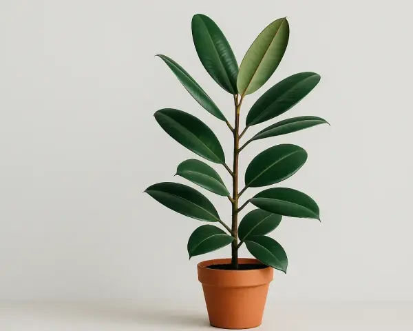 Una **talea fico** in vaso di terracotta, con foglie verdi lucide e carnose, su sfondo chiaro.