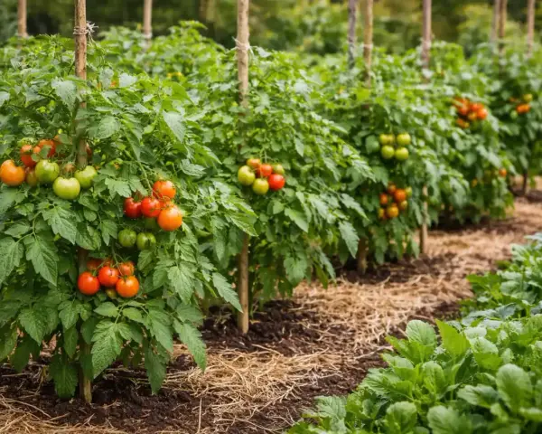 Rows of tomato plants with ripening red and green tomatoes, supported by stakes, in a garden.