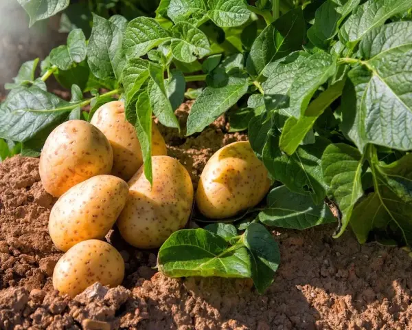 Patate appena raccolte nel terreno, con foglie verdi rigogliose. Speriamo che la tignola della patata non abbia fatto danni!