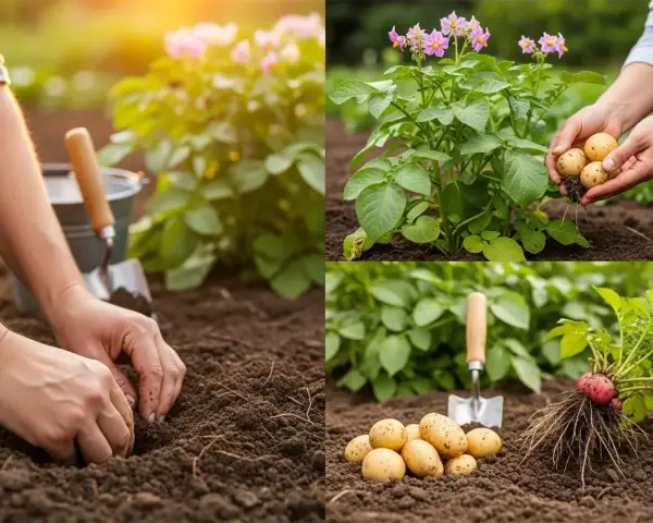 Mani che piantano patate nel terreno fertile. Raccolta di patate fresche con fiori viola. La semina patate è un'arte.