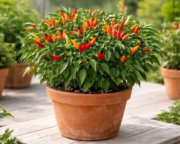 Un cespuglio rigoglioso di peperoncini Capsicum frutescens, con frutti rossi, arancioni e gialli, in un vaso di terracotta su un patio di legno.