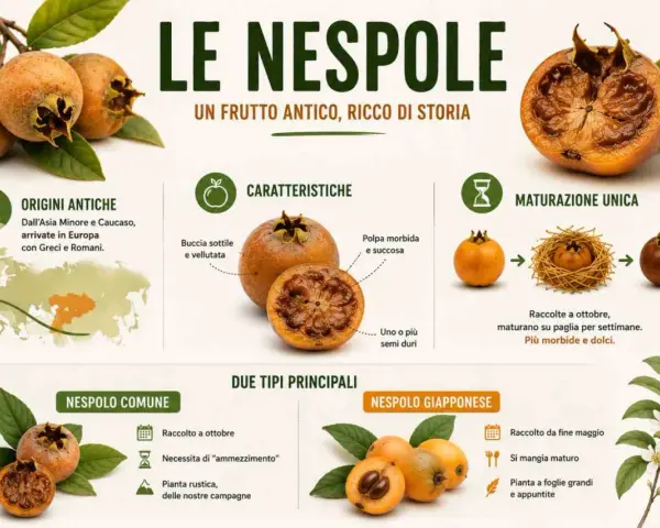 Le **nespole invernali**, frutti antichi con origini in Asia Minore, vengono raccolte a ottobre e maturano su paglia, diventando più morbide e dolci.